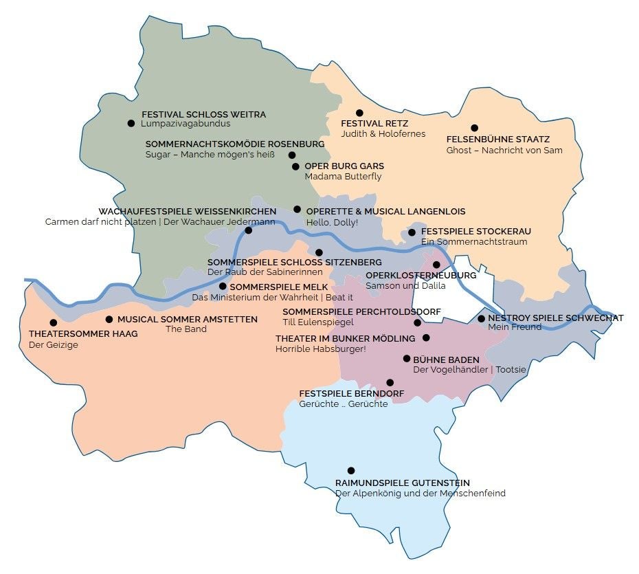 Karte mit den Spielorten des Theaterfests Niederösterreich 2026 und den jeweiligen Theaterstücken.
