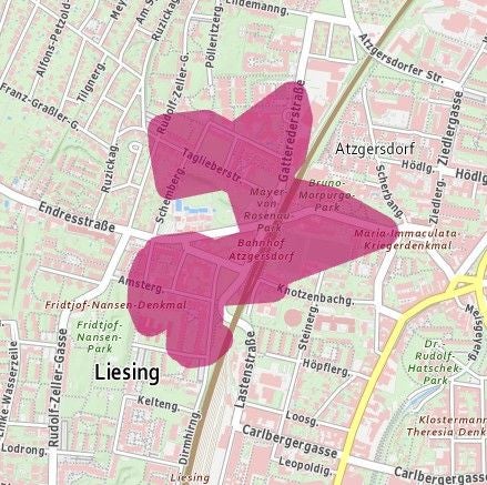 Karte mit markiertem Stromausfallgebiet im 23. Wiener Bezirk Liesing und Atzgersdorf.