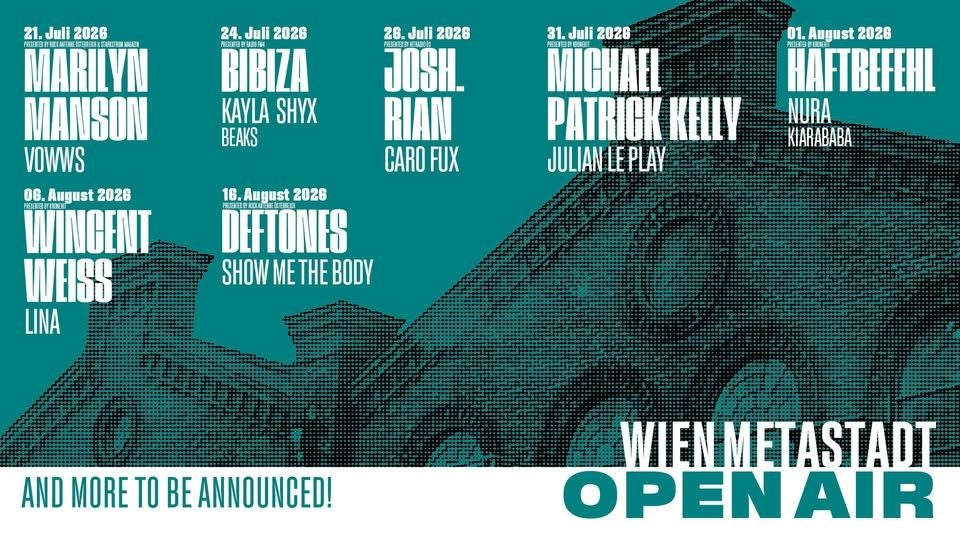 Plakat der Wien MetaStadt Open Air Konzerte 2026 mit Bandnamen und Terminen.