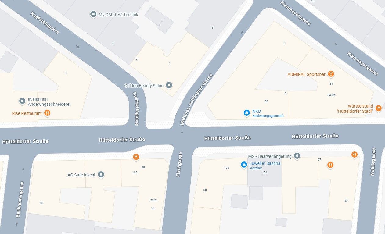 Kartenausschnitt mit Kreuzung Hütteldorfer Straße und umliegenden Geschäften in Wien.