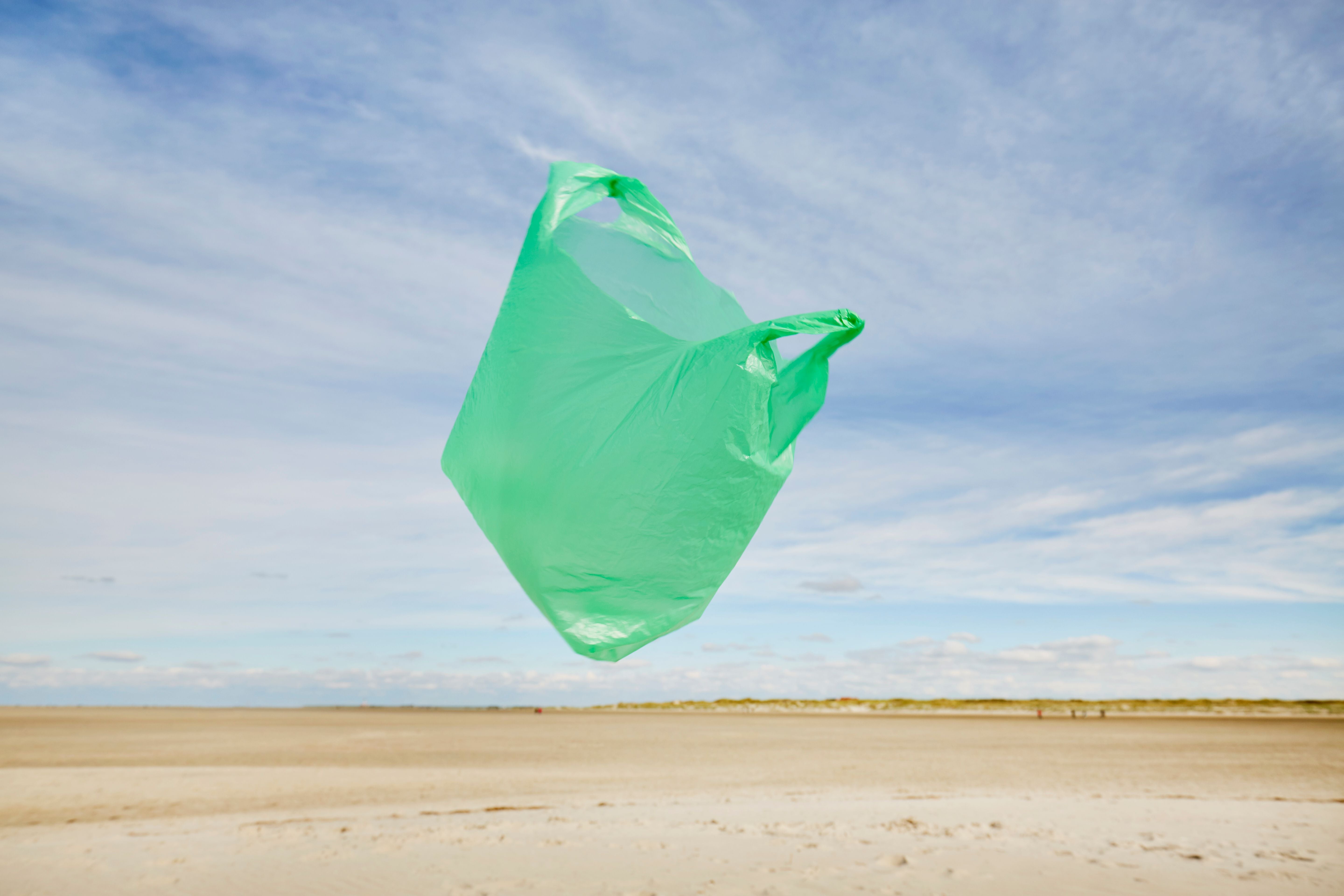 Eine grüne Plastiktüte schwebt über einem Sandstrand vor blauem Himmel.