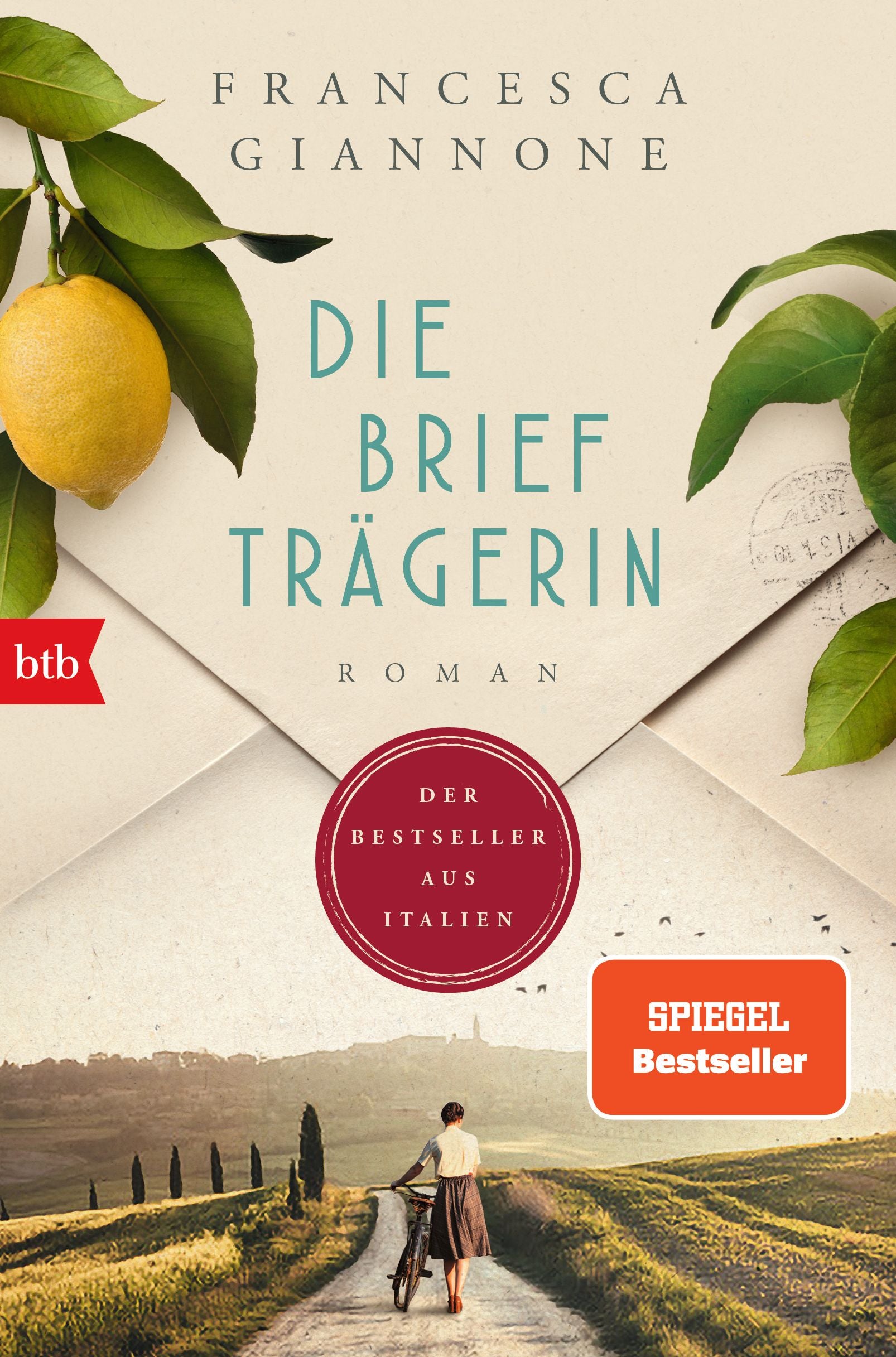Buchcover "Die Briefträgerin" von Francesca Giannone mit Frau auf Landweg und Zitrone.