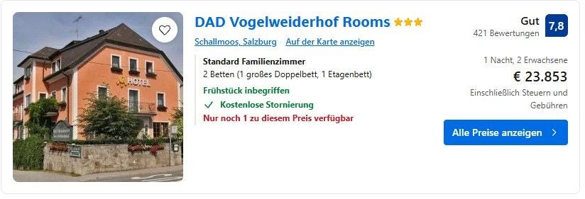 Booking.com-Angebot: 23.853 Euro für eine Übernachtung in Salzburg.