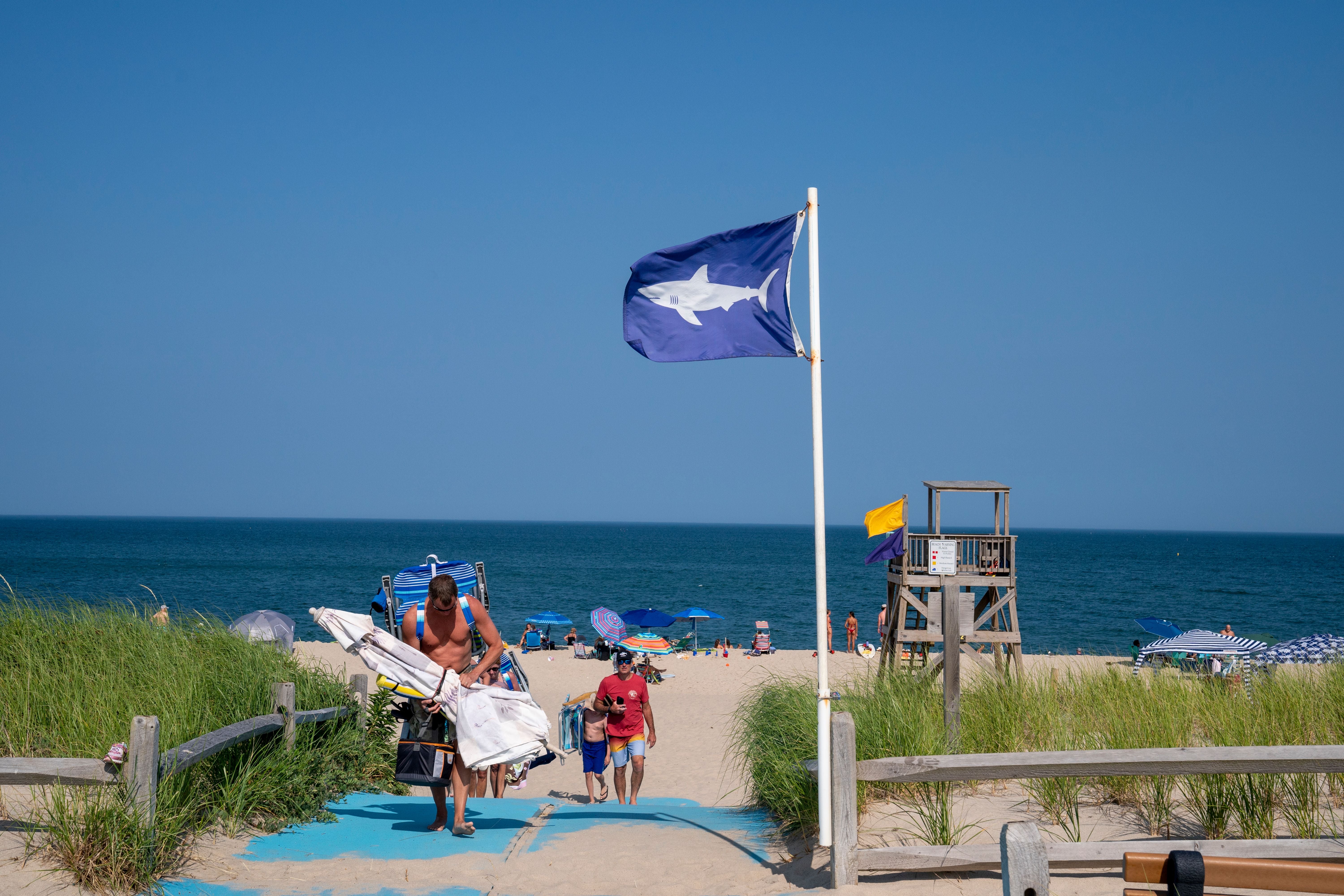 ORLEANS, MASSACHUSETTS - JULY 26: A flag with a shark warning flies as beachgoers depart July 26, 29023 at Nauset Beach in Orleans Massachusetts. With the seal population increasing along Cape Cod, shark sitings have become more common on the beaches as sharks hunt their primary food source. (Photo by Robert Nickelsberg/Getty Images)