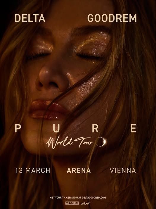 Porträt einer Frau mit geschlossenen Augen, Werbeplakat für Delta Goodrems PURE World Tour.