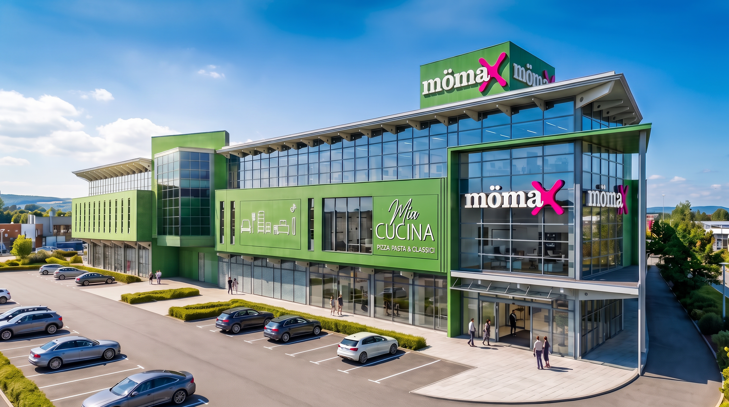 Grünes mömax Möbelhaus mit Glasfassade, Parkplatz und mehreren parkenden Autos davor.