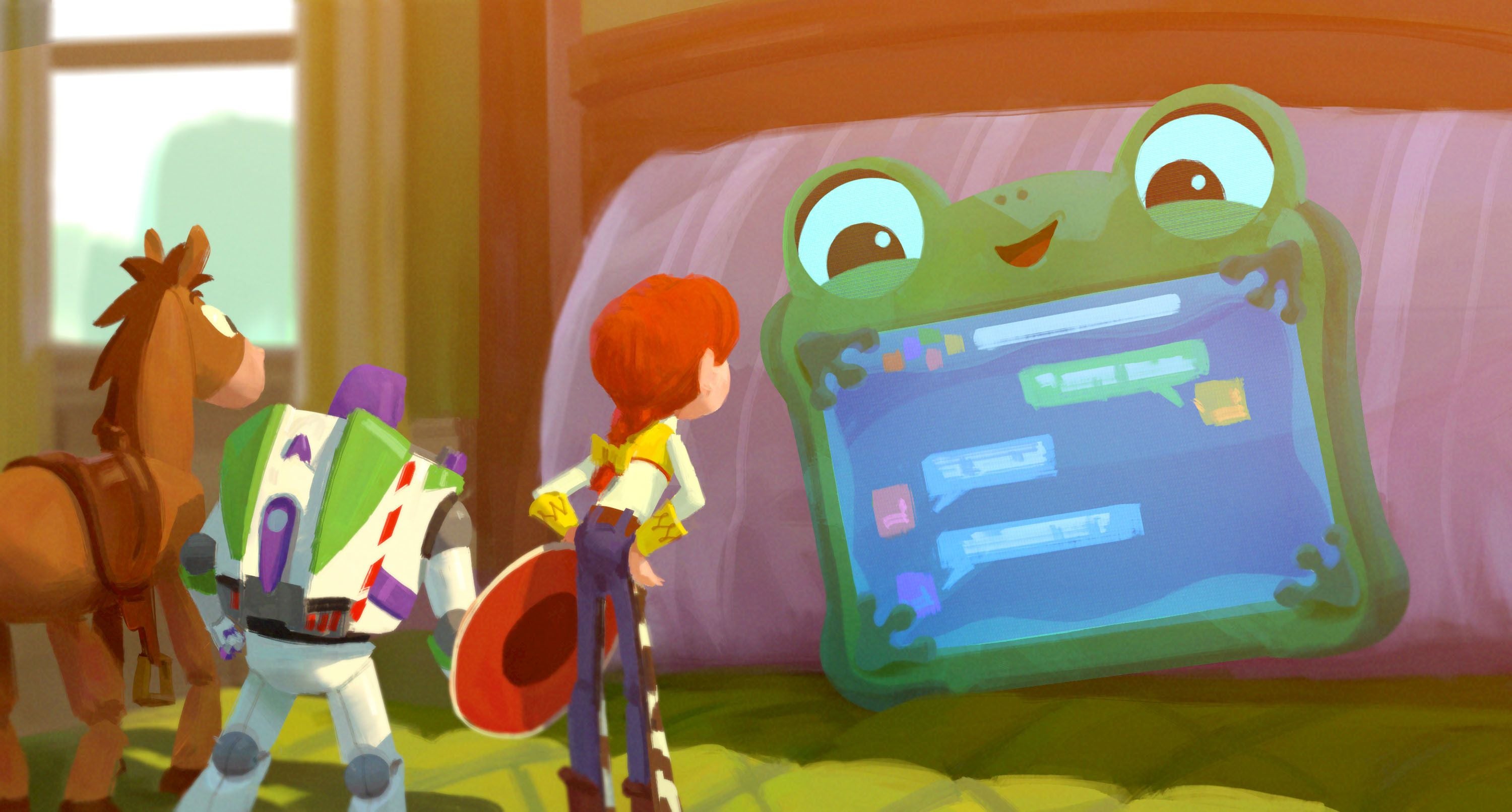 Drei Toy-Story-Figuren stehen vor einem großen, sprechenden, froschförmigen Tablet auf dem Bett.