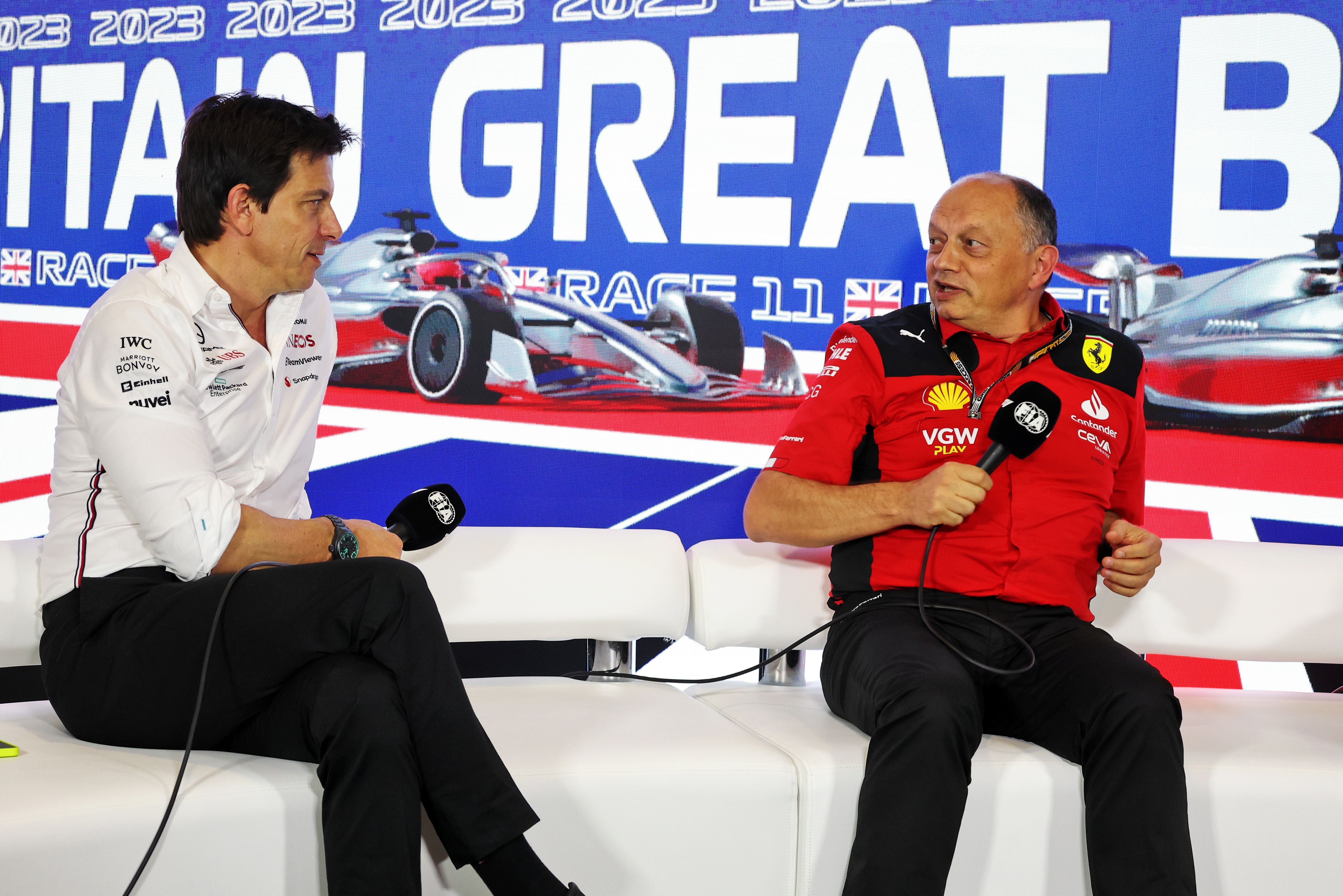 SILVERSTONE CIRCUIT, UNITED KINGDOM - JULY 07: Toto Wolff, Team Principal and CEO, Mercedes-AMG, and Frederic Vasseur, Team Principal and General Manager, Scuderia Ferrari, in the Team Prinicpals Press Conference during the British GP at Silverstone Circuit on Friday July 07, 2023 in Northamptonshire, United Kingdom. (Photo by LAT Images)