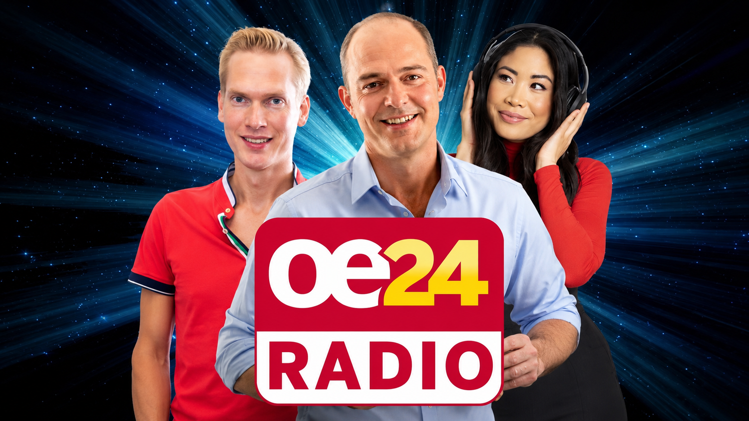 Drei Personen stehen vor einem oe24 RADIO Logo vor blauem, strahlenförmigem Hintergrund.