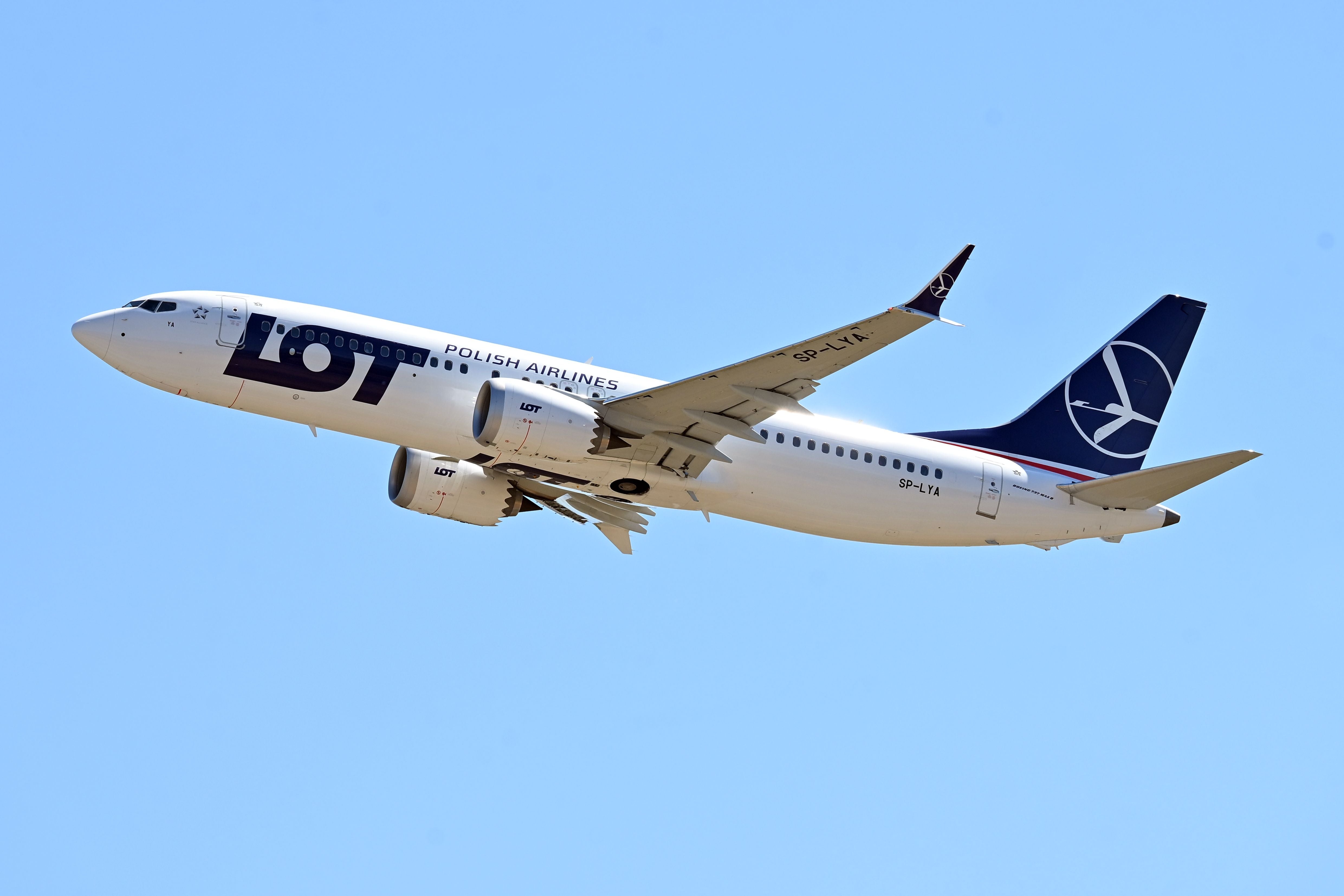 Boeing 737 MAX 8 der LOT Polish Airlines im Flug vor blauem Himmel.