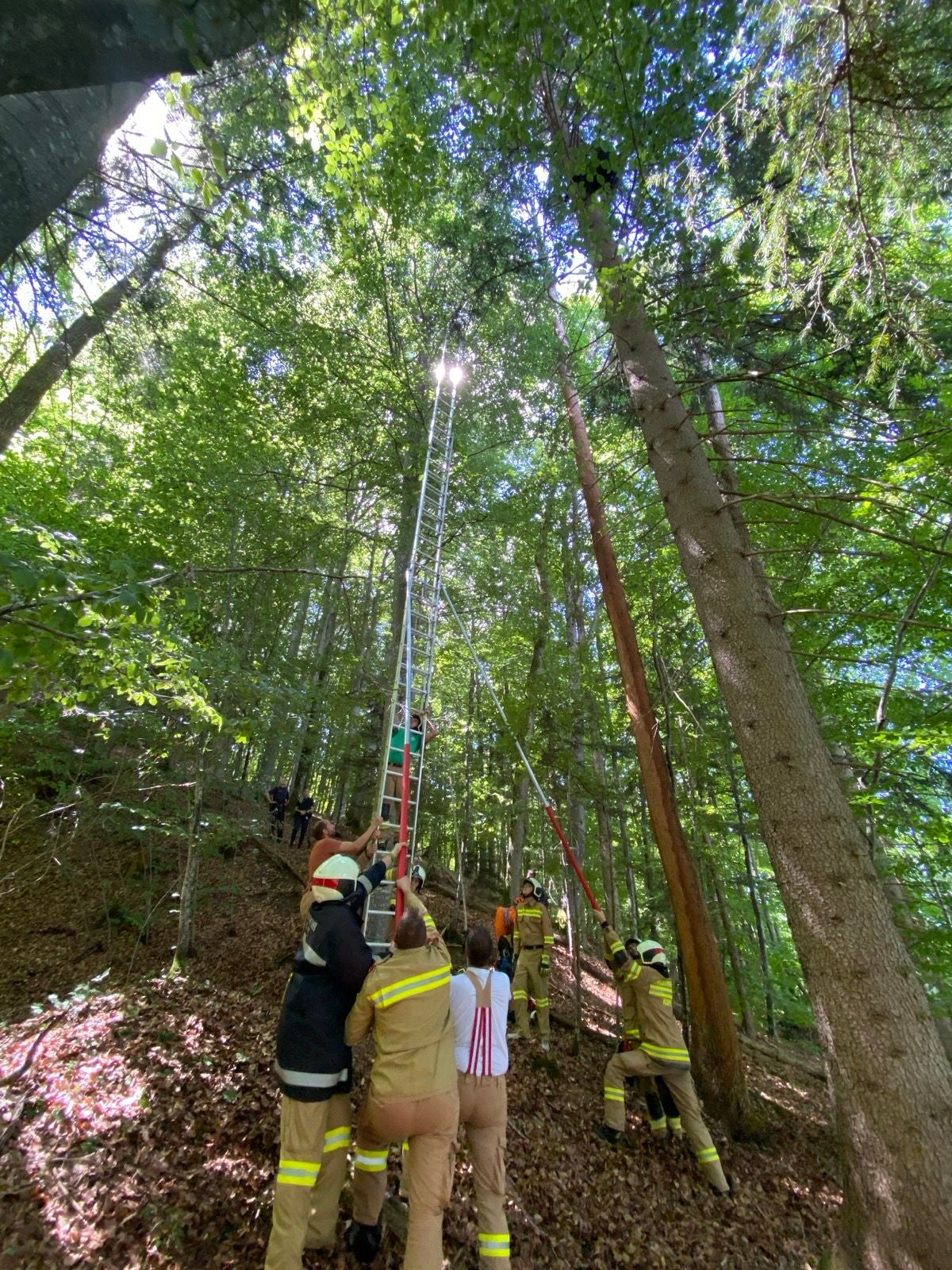 Bergretter udn Feuerwehr kamen mit einer extralangen Leiter zum Unfallort.