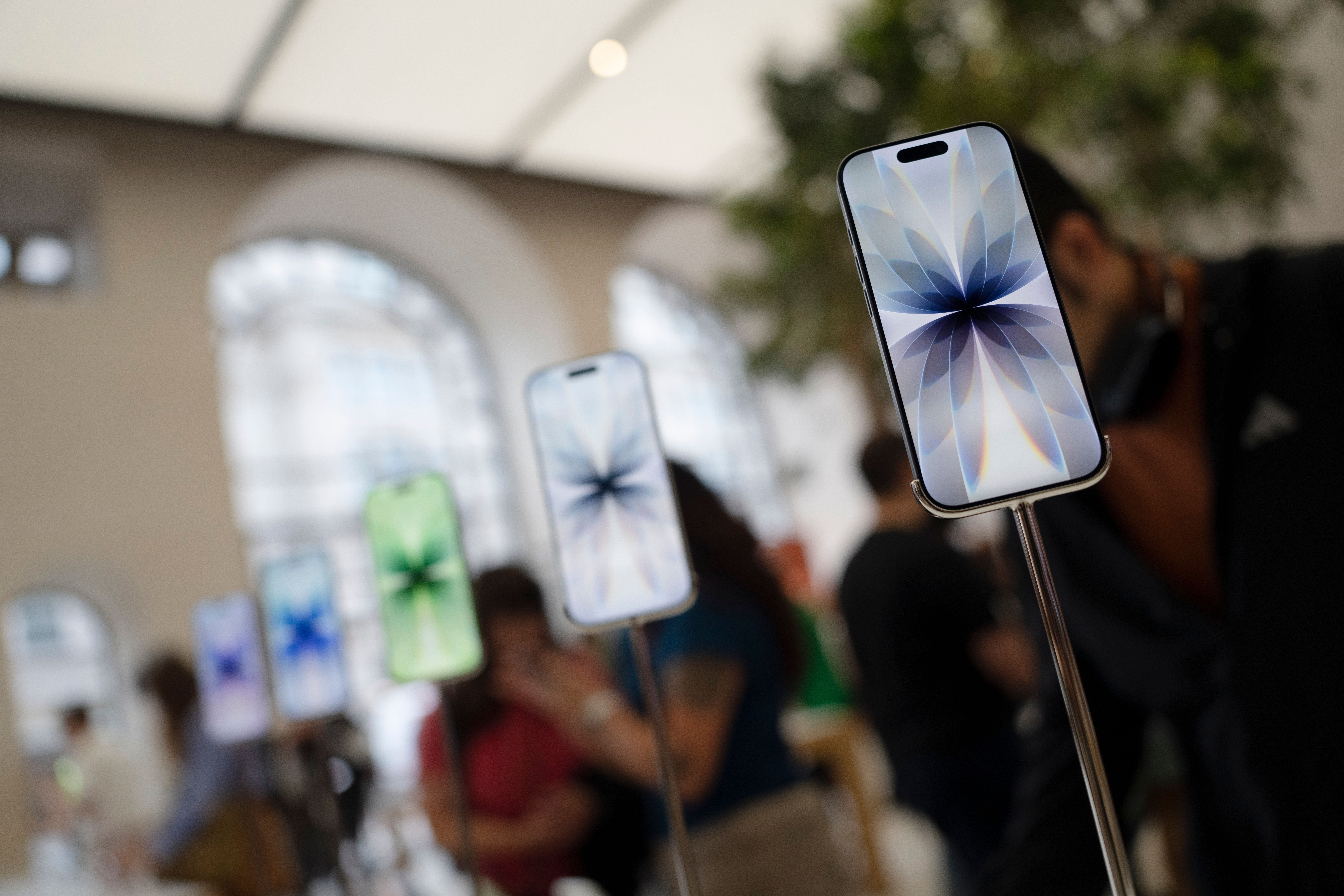 Mehrere neue iPhones werden in einem Apple Store auf Ständern ausgestellt.