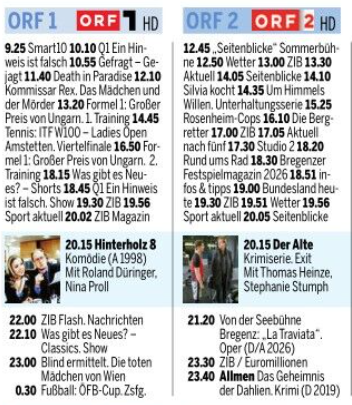 Programmübersicht für ORF 1 und ORF 2 mit Sendezeiten und Sendungstiteln für den heutigen Tag.