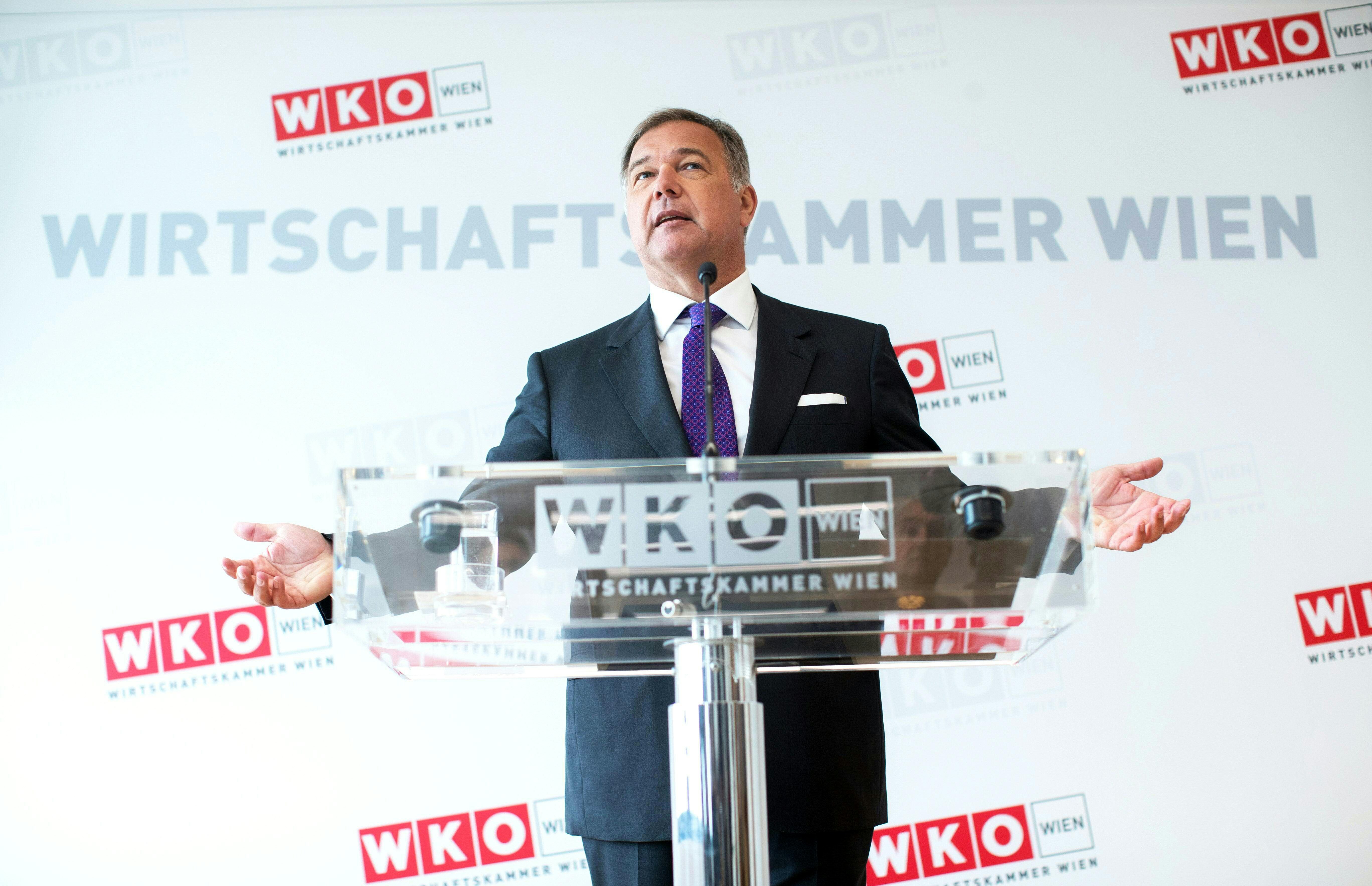 Ein Mann im Anzug spricht bei einer Pressekonferenz am Rednerpult der Wirtschaftskammer Wien.