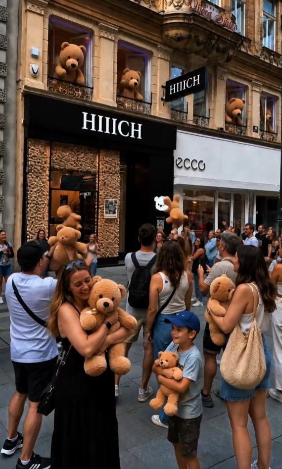 Menschen vor dem Geschäft HIIICH in Wien halten Teddybären, große Teddys sitzen in den Fenstern.