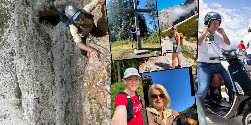 Fotocollage mit einer Person beim Klettern, Wandern, auf einem Roller und mit Hund in den Bergen.