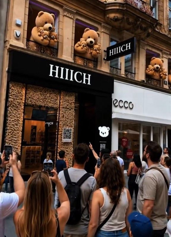 Große Teddybären sitzen auf Balkonen über dem HIIICH-Geschäft in der Wiener Innenstadt.
