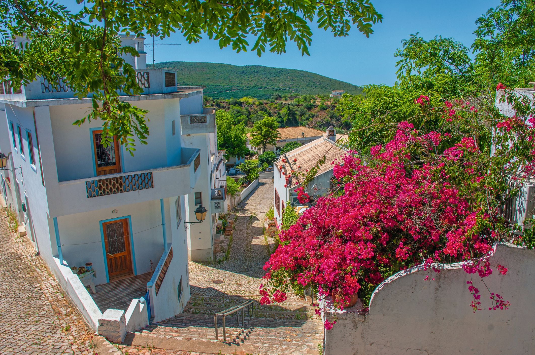 Schmale Gasse mit weißen Häusern, pink blühender Bougainvillea und grünem Hügel im Hintergrund.