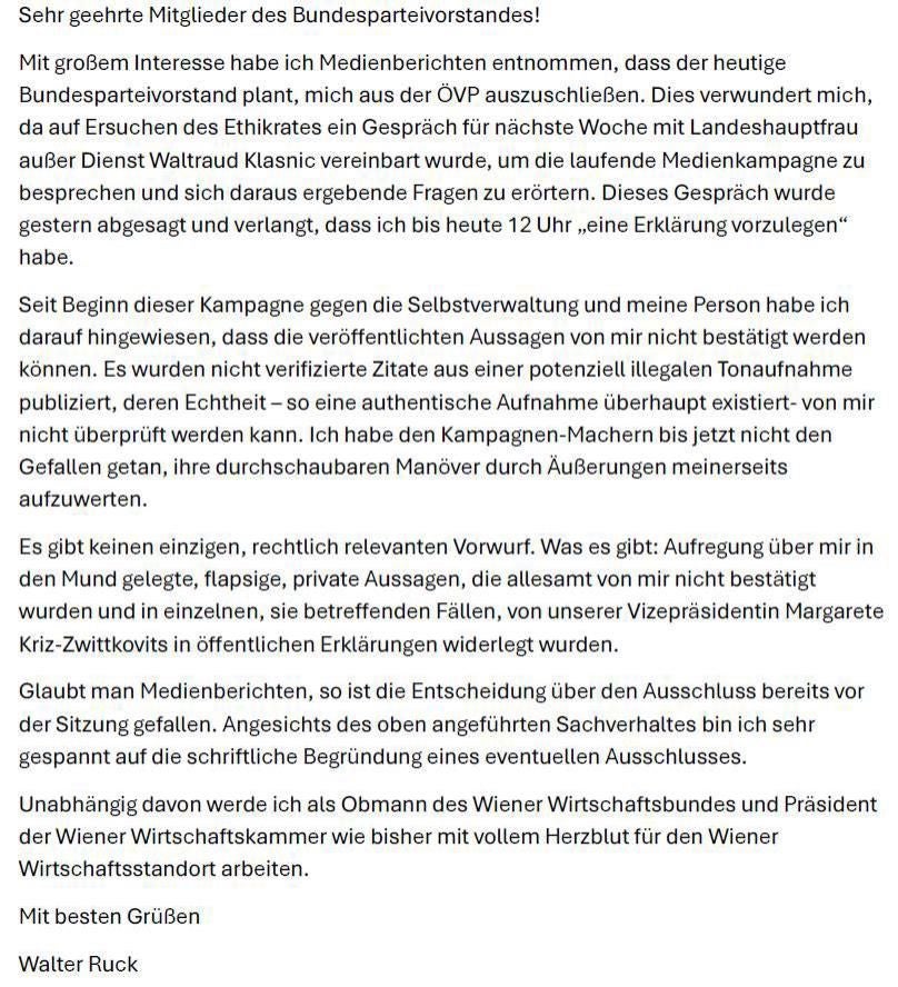 Ein Brief von Walter Ruck an den Bundesparteivorstand der ÖVP zur Diskussion seines Parteiausschlusses.