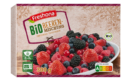 Schachtel mit Bio-Beerenmischung von Freshona, 300g, mit verschiedenen gefrorenen Beeren.
