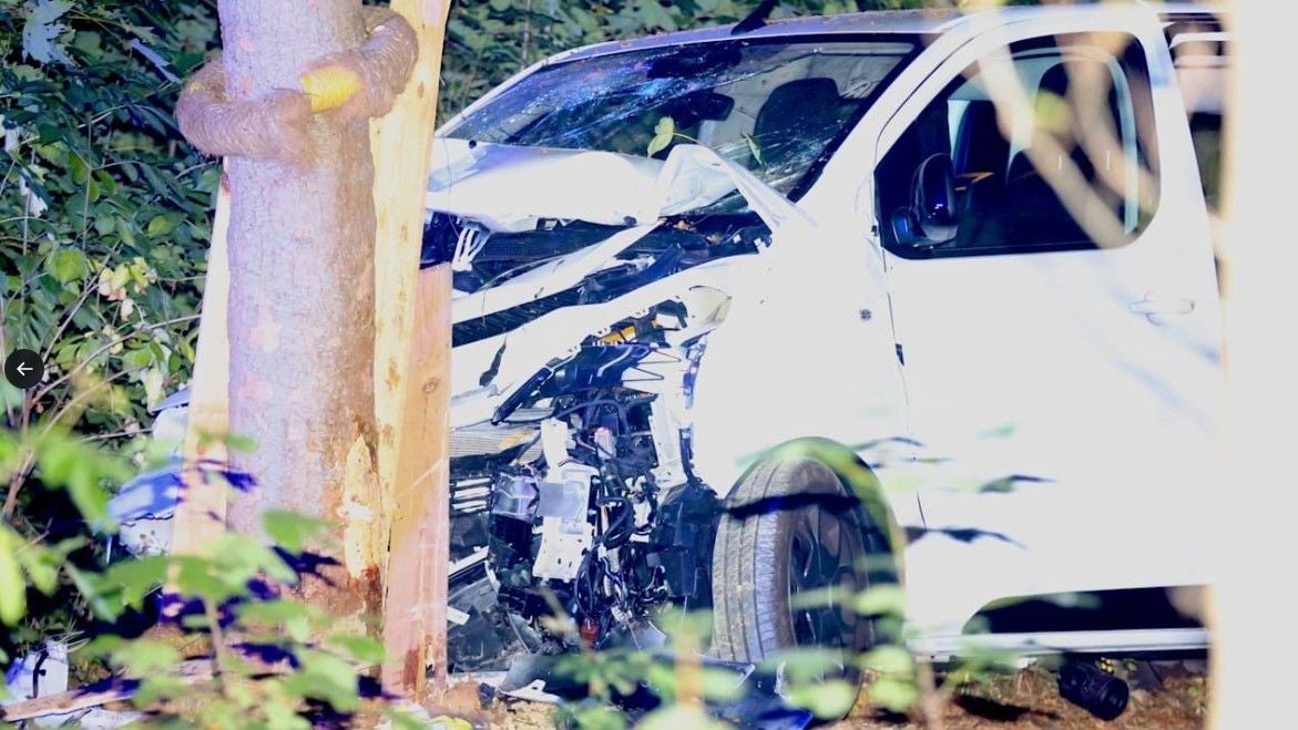 Weißer Lieferwagen prallt frontal gegen einen Baum, Front stark beschädigt, nachts im Wald.