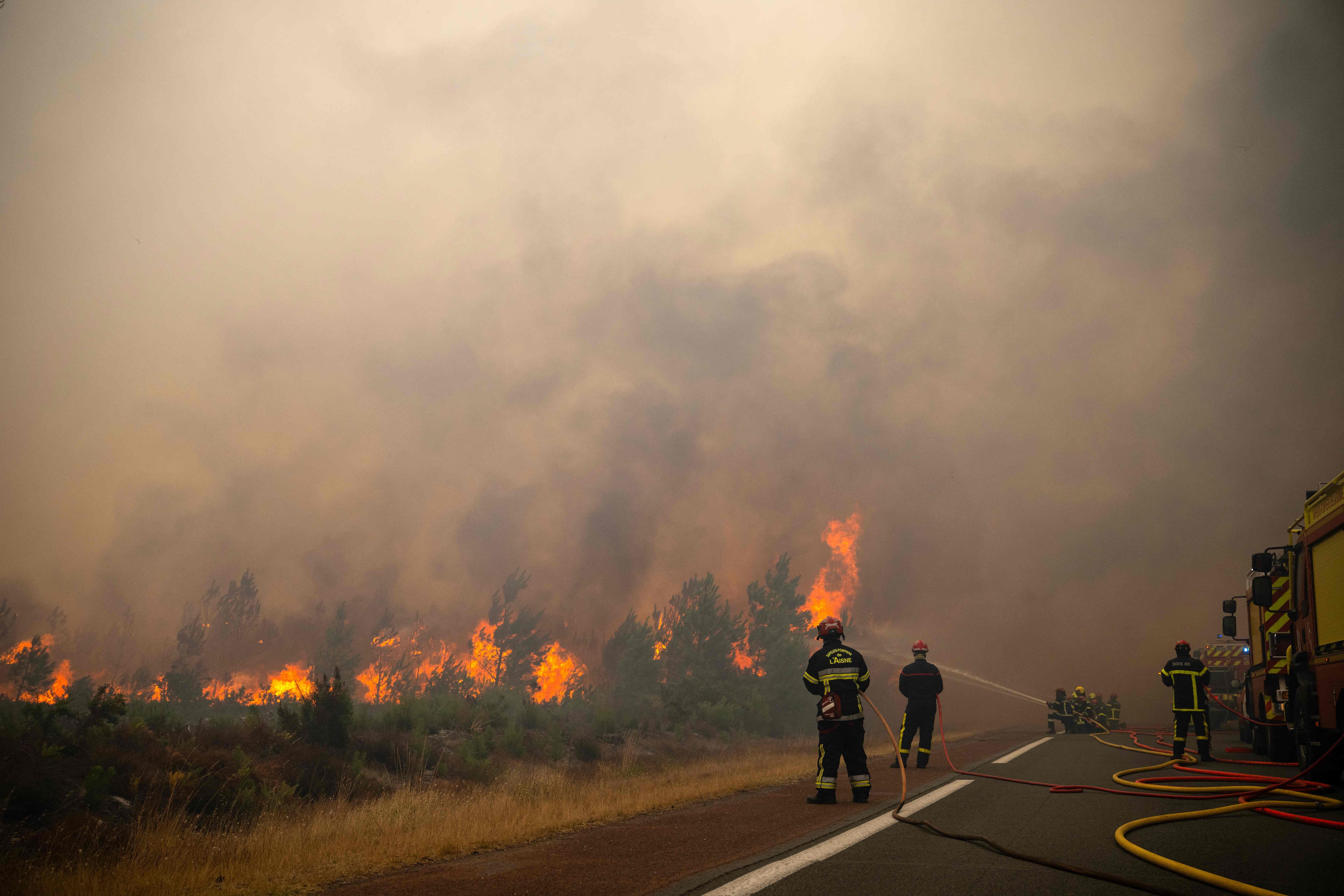 Feuerwehrleute bekämpfen einen großen Waldbrand an einer Straße, dichter Rauch steigt auf.