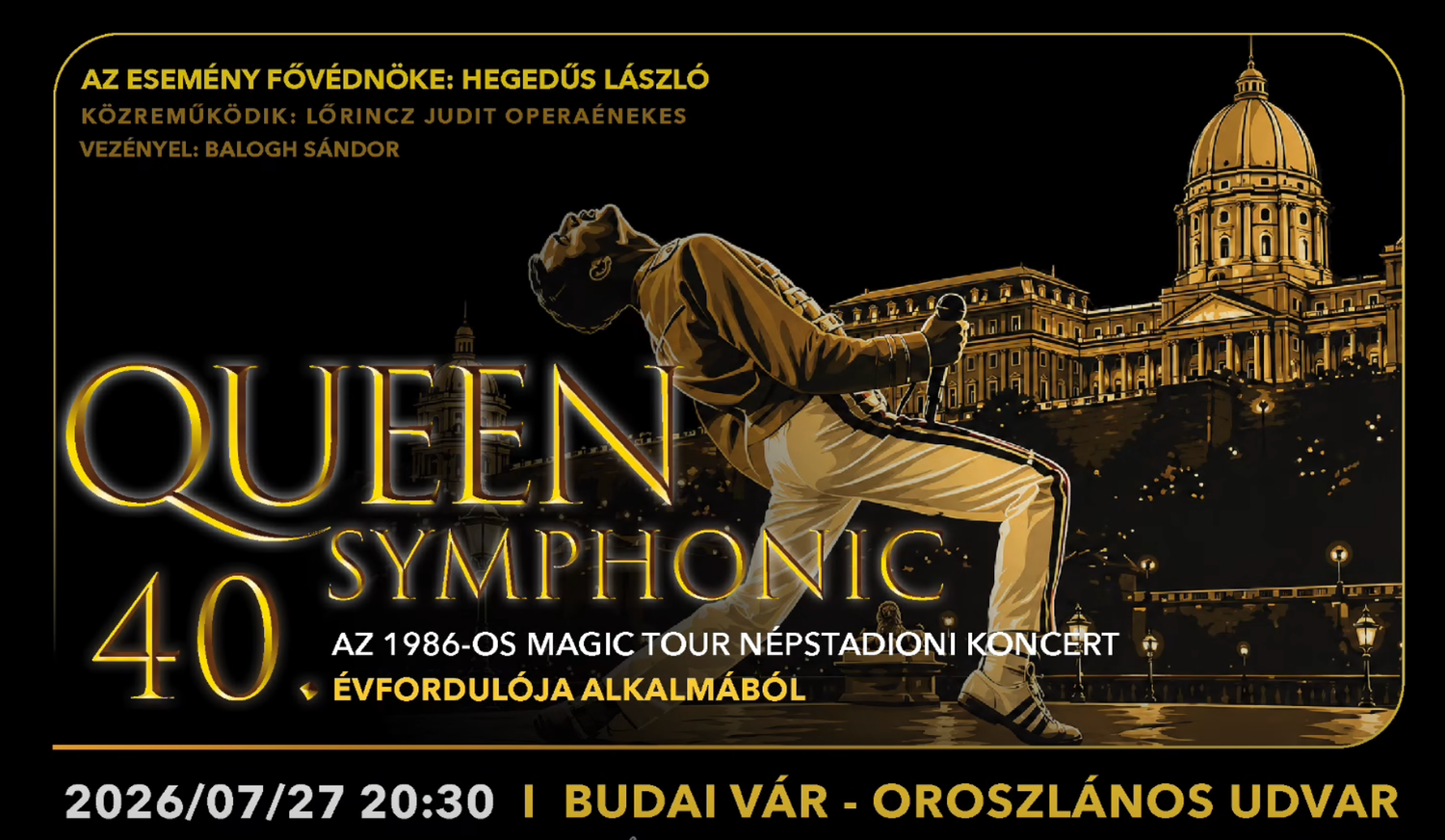 Plakat für das Queen Symphonic Konzert 2026 in Budapest mit Zeichnung eines Sängers und Burg im Hintergrund.