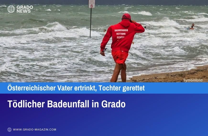 Rettungsschwimmer am stürmischen Strand, Überschrift zu tödlichem Badeunfall in Grado.