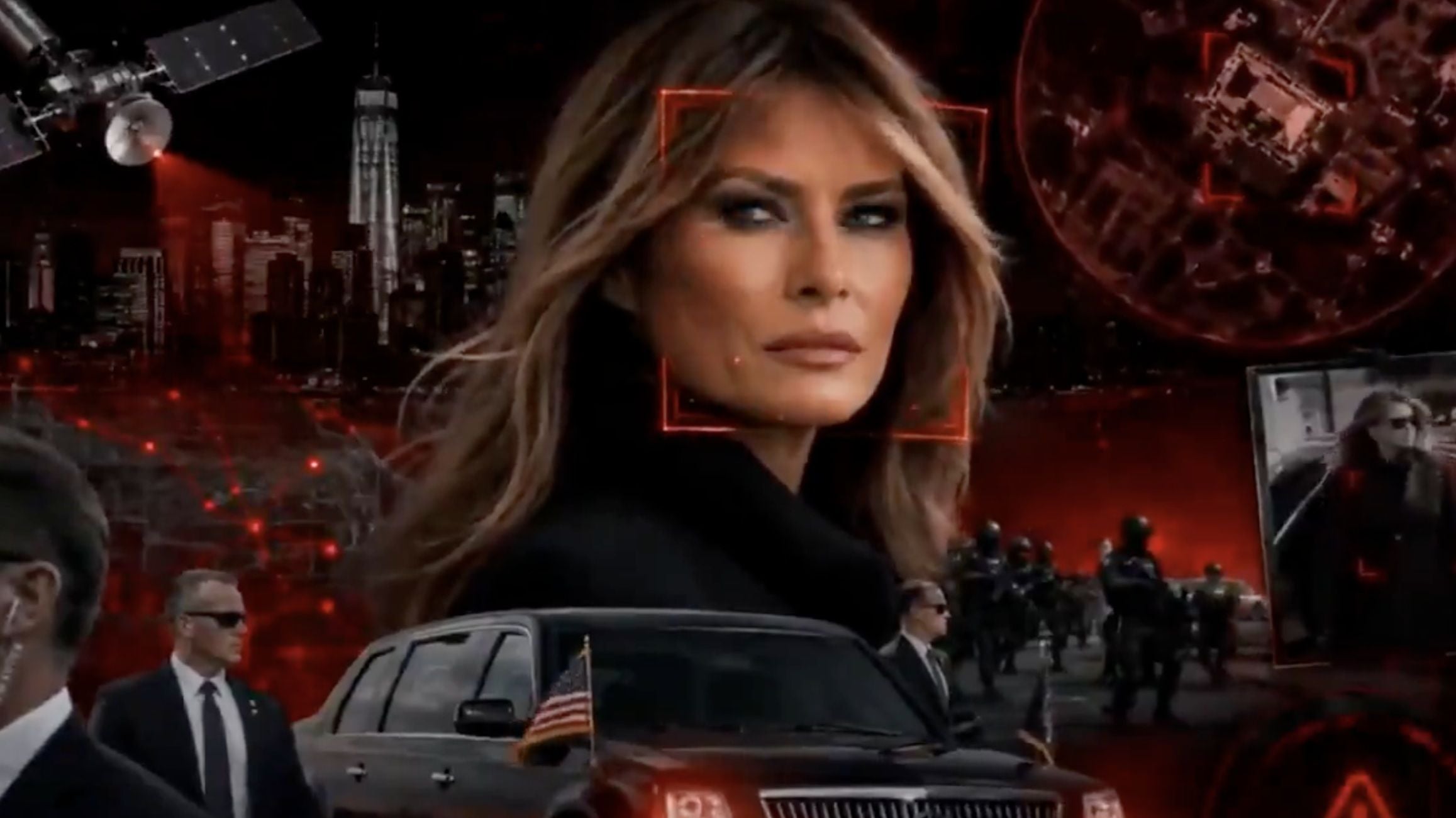 Eine Frau mit ernstem Blick ist von Sicherheitsleuten, Autos und Stadtlandschaft umgeben.