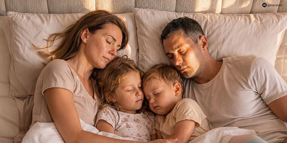 Eine Familie mit zwei Kindern schläft gemeinsam eng aneinander gekuschelt im Bett.