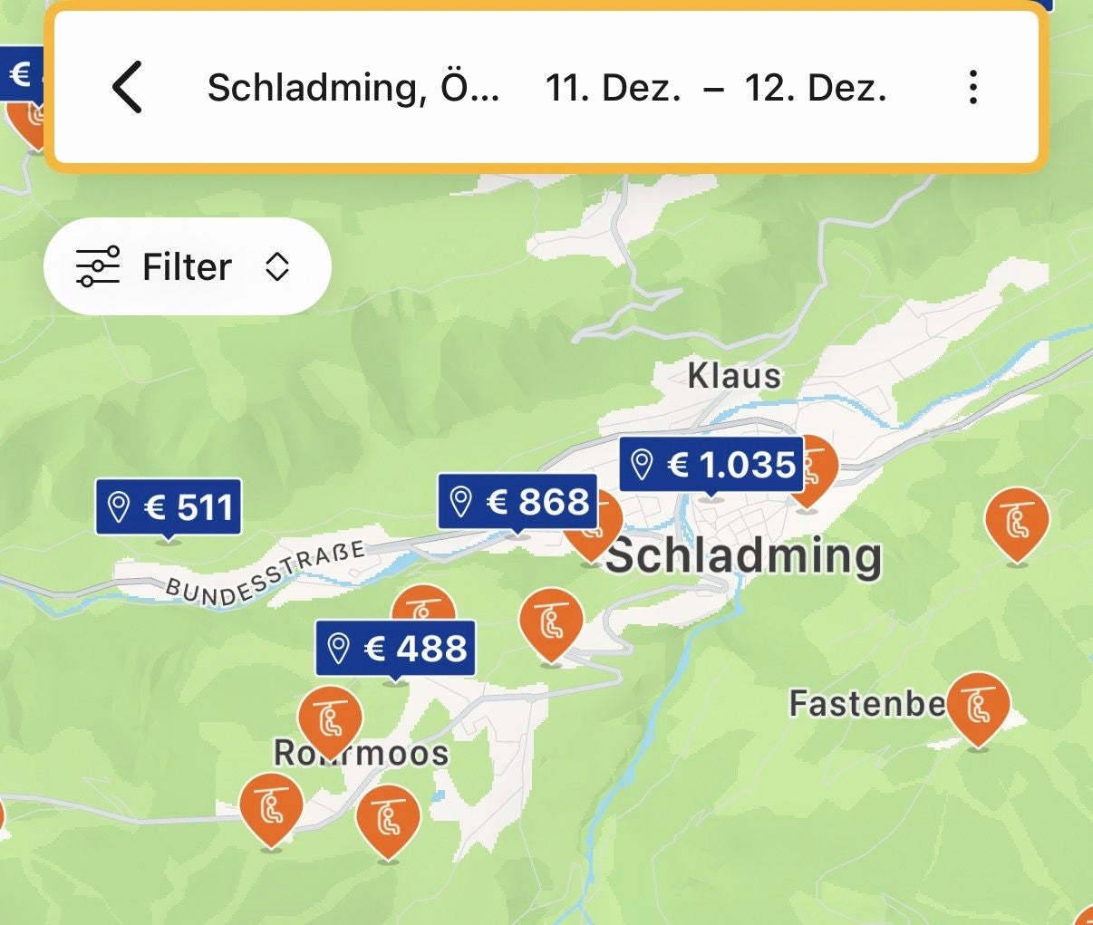 Karte von Schladming mit Unterkunftspreisen und Skilift-Symbolen für den 11. bis 12. Dezember.