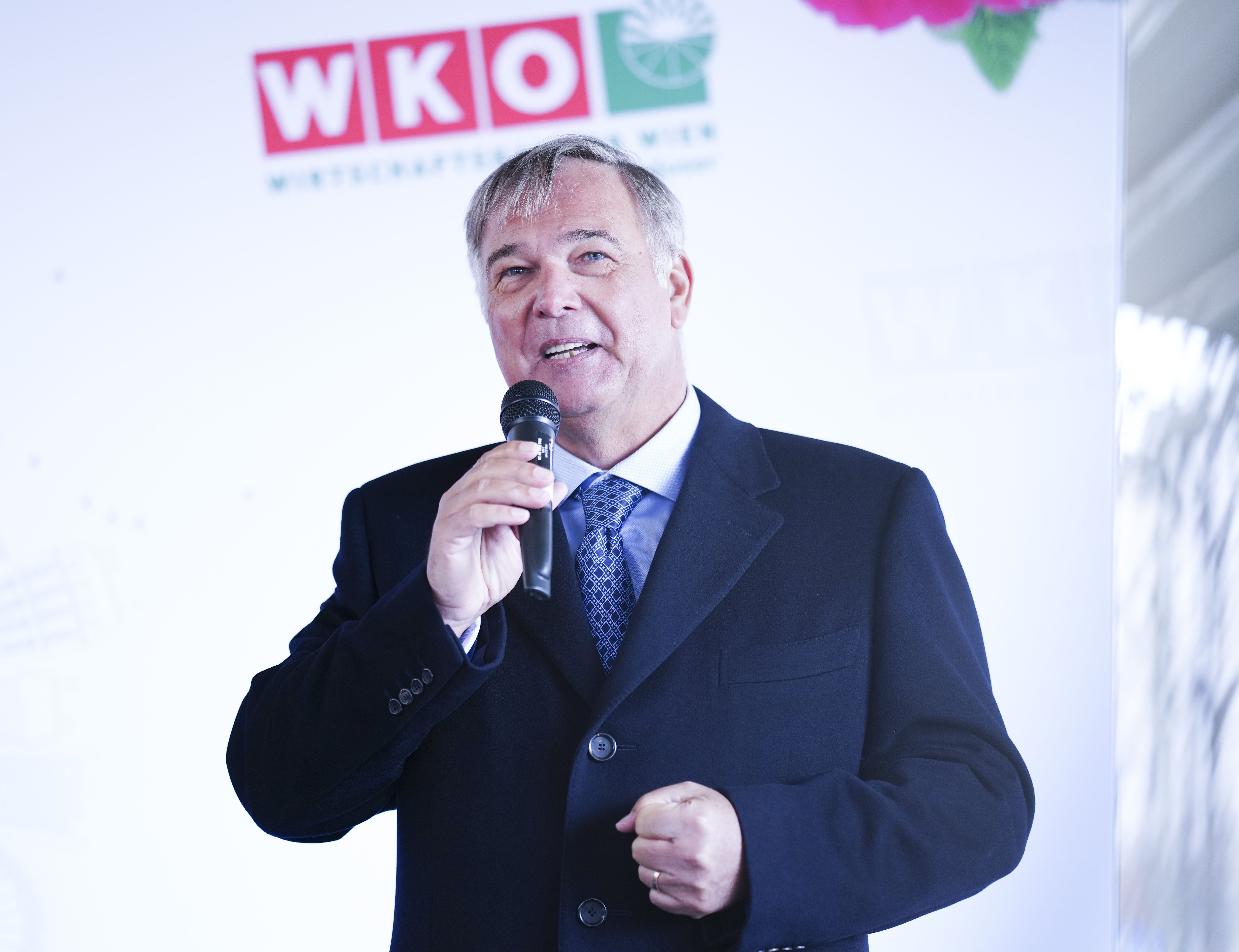 Ein Mann im Anzug spricht bei einer Pressekonferenz in ein Mikrofon, Hintergrund WKO-Logo.