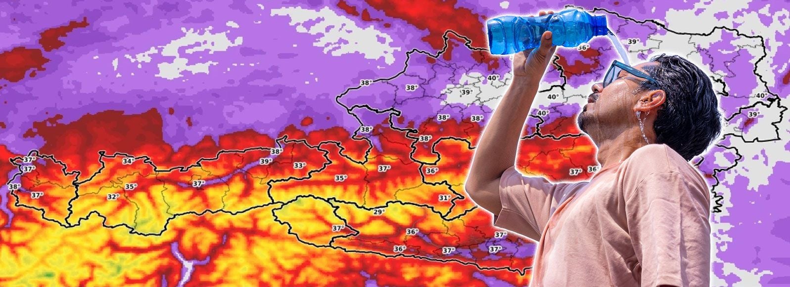Ein Mann kühlt sich mit Wasser vor einer Hitzekarte mit bis zu 40 Grad Celsius ab.