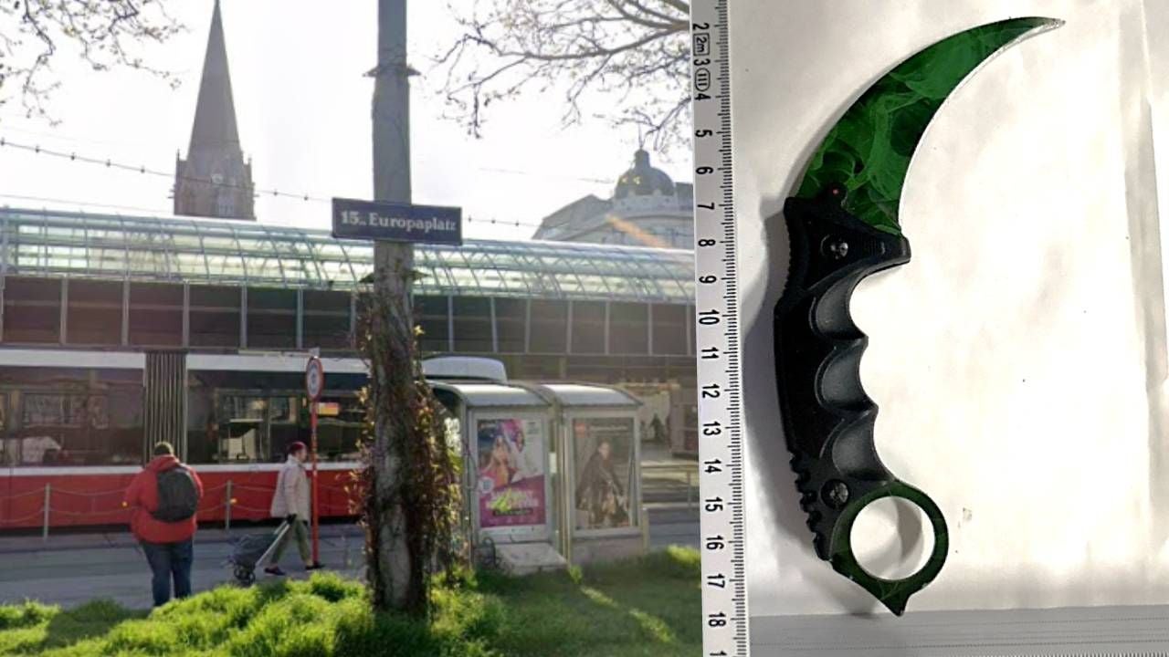 Links eine Straßenbahnhaltestelle am Europaplatz, rechts ein grünes Karambit-Messer mit Maßstab. Daneben die Tatwaffe, ein Messer.