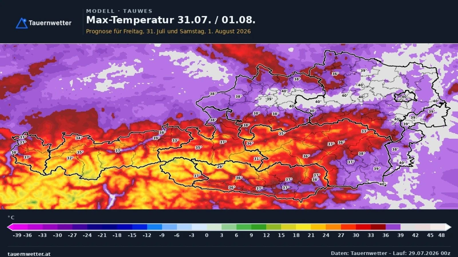 Hitzekarte zeigt Prognose der Maximaltemperaturen in Österreich für Ende Juli 2026 mit Werten bis 40°C.