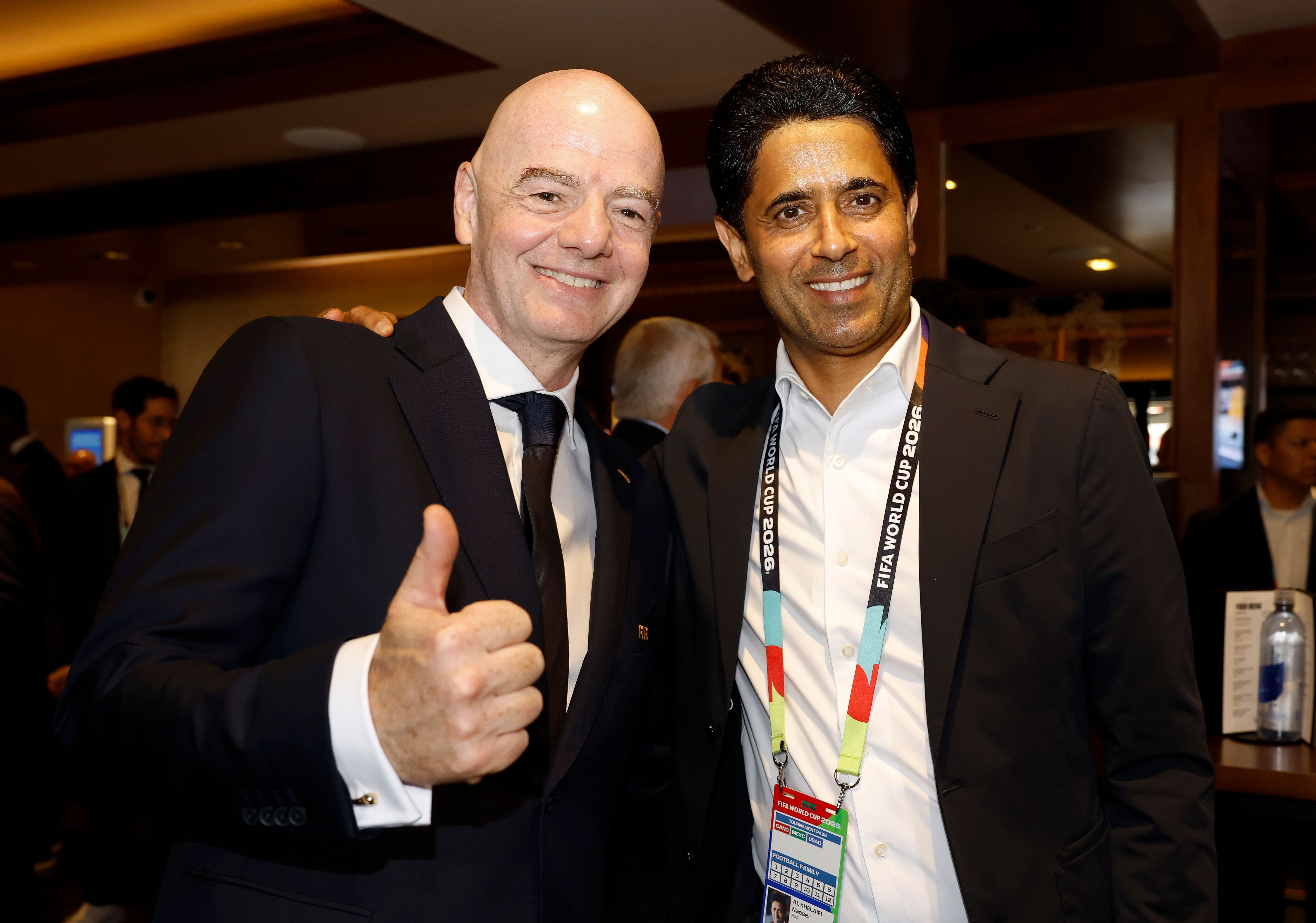 EAST RUTHERFORD, NEW JERSEY - JULY 19: FIFA President Gianni Infantino and Nasser Al-Khelaifi pose before the FIFA World Cup 2026 Final match between Spain and Argentina at New York New Jersey Stadium on July 19, 2026 in East Rutherford, New Jersey. (Photo by Eva Marie Uzcategui - FIFA/FIFA via Getty Images)