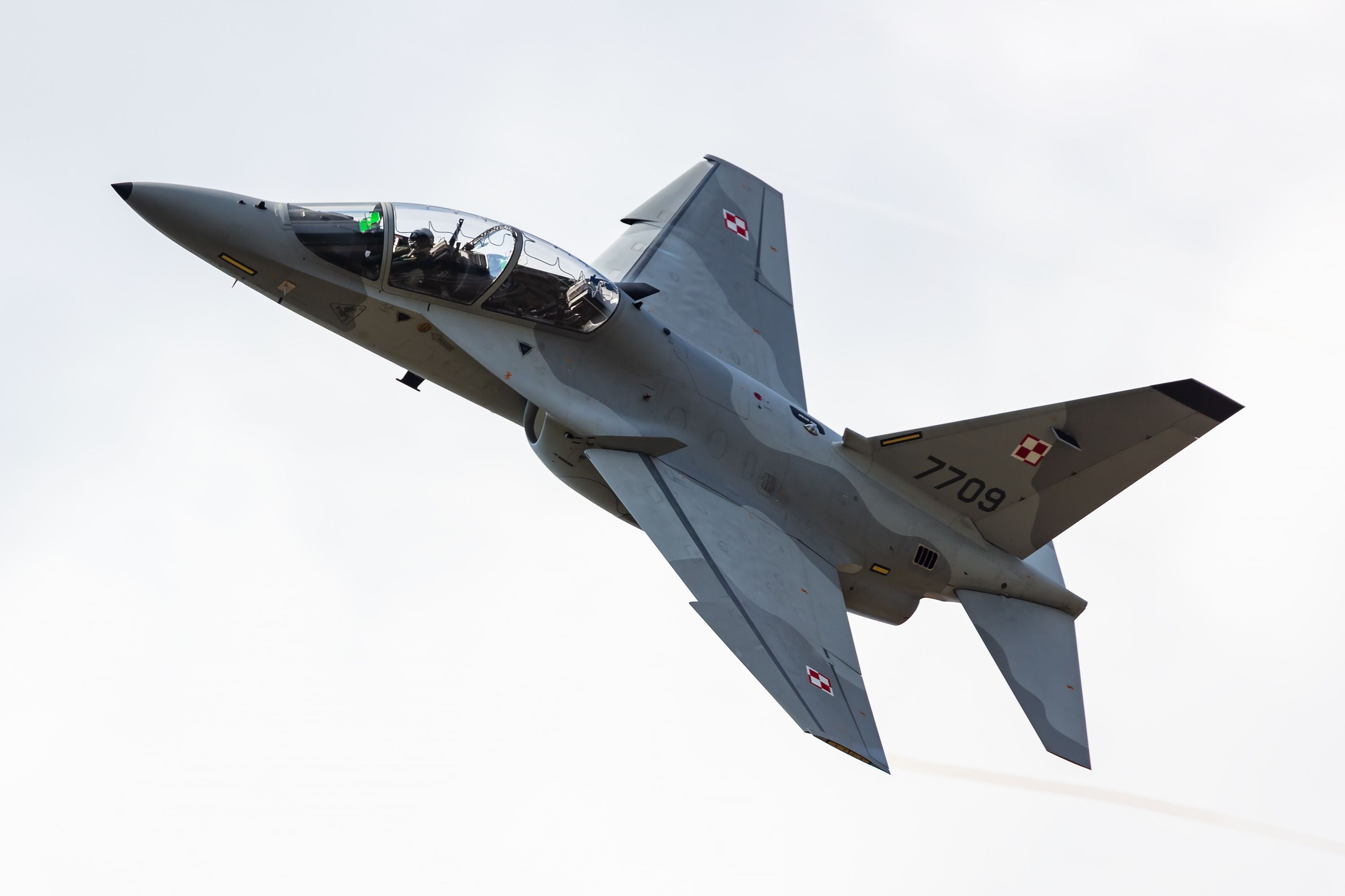 Polnisches Trainingsflugzeug Leonardo M-346 Master Bielik fliegt am Himmel.