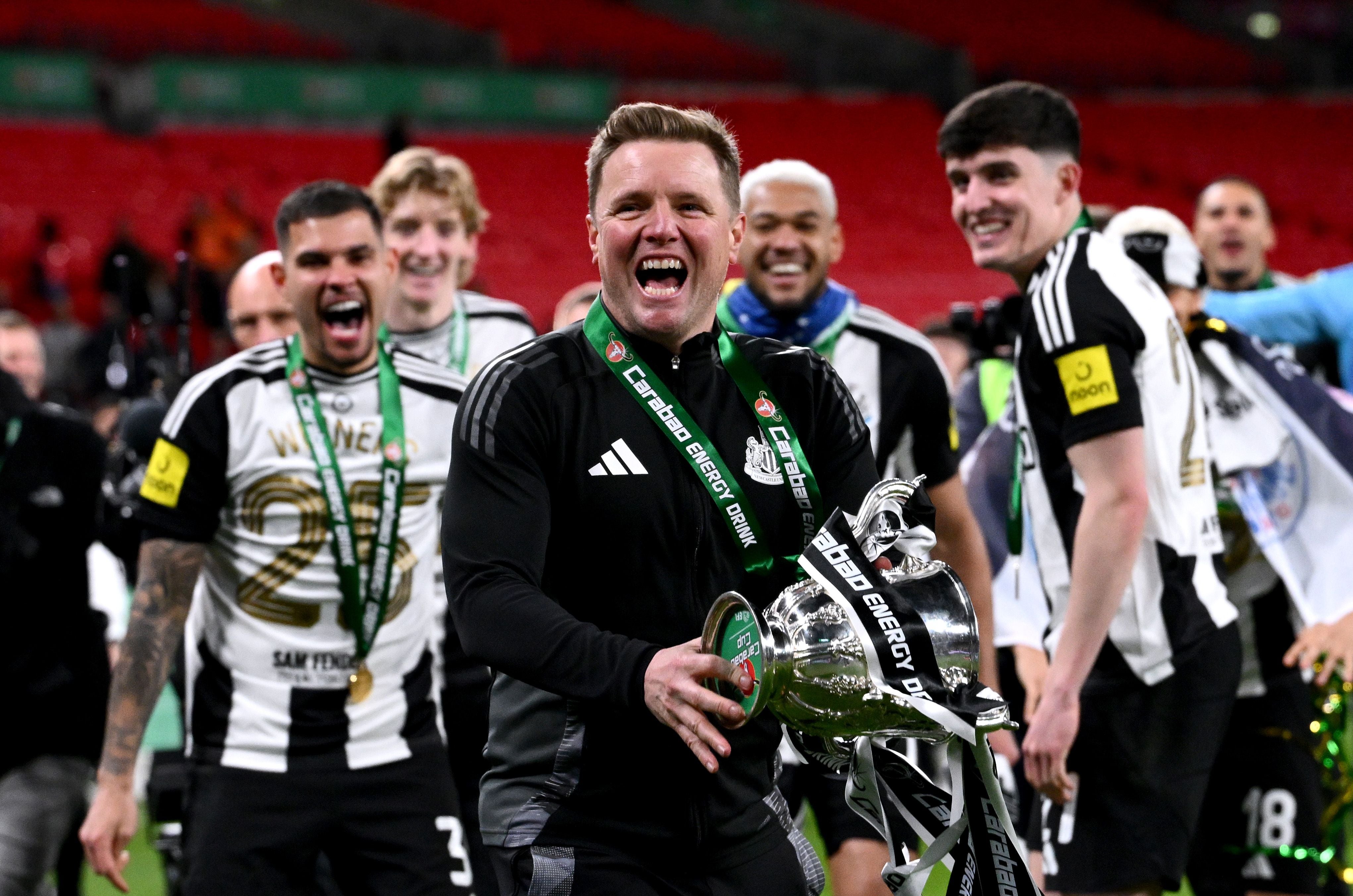 (FILE PHOTO) Manager Eddie Howe Leaves Newcastle United LONDON, ENGLAND - MARCH 16: Eddie Howe, Manager of Newcastle United, lifts the Carabao Cup Trophy after his team's victory during the Carabao Cup Final between Liverpool and Newcastle United at Wembley Stadium on March 16, 2025 in London, England. (Photo by Stu Forster/Getty Images)