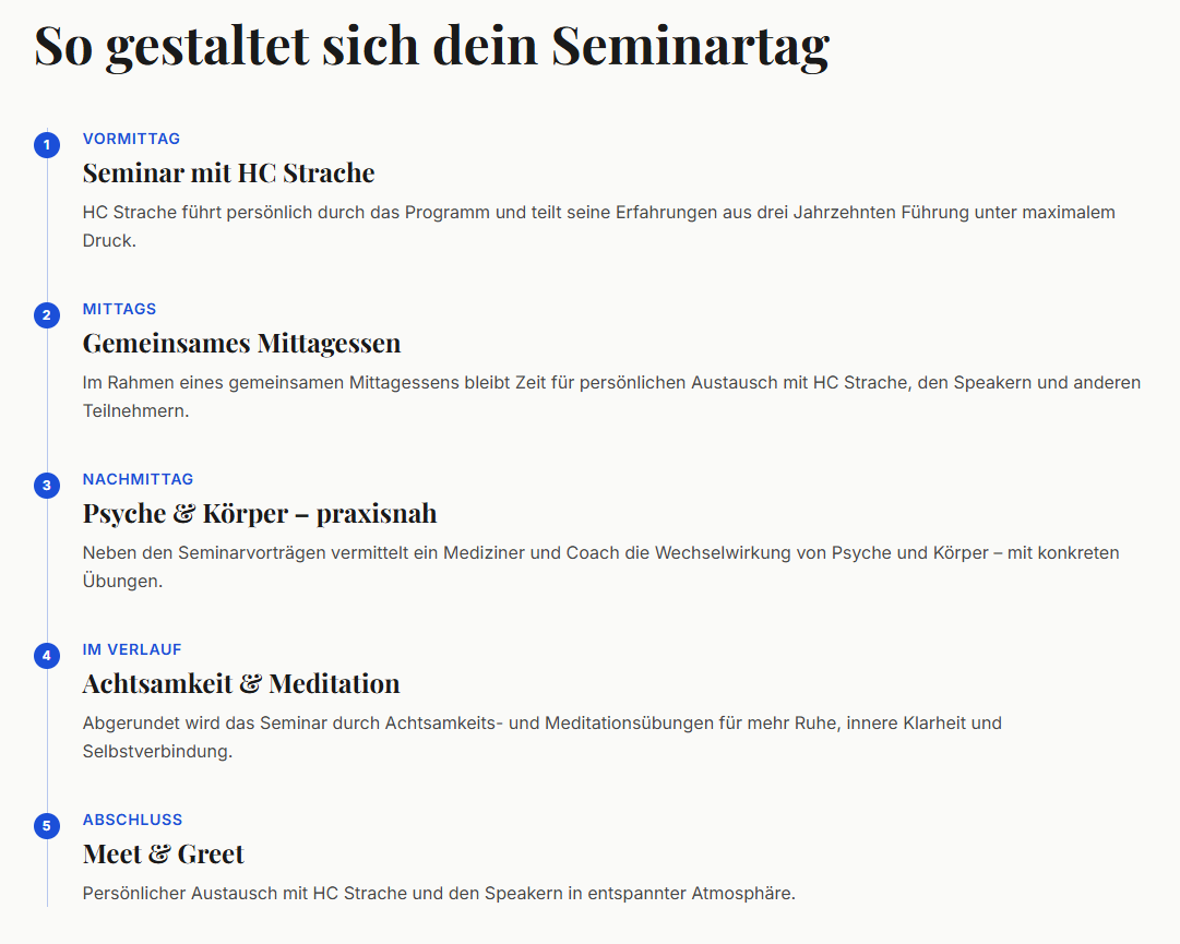 Ablauf eines Seminartags mit Vortrag, Mittagessen, Workshops, Meditation und Meet & Greet mit HC Strache.