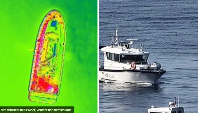Links Wärmebild eines Boots, rechts Polizeiboot auf dem Meer bei einer Suchaktion.