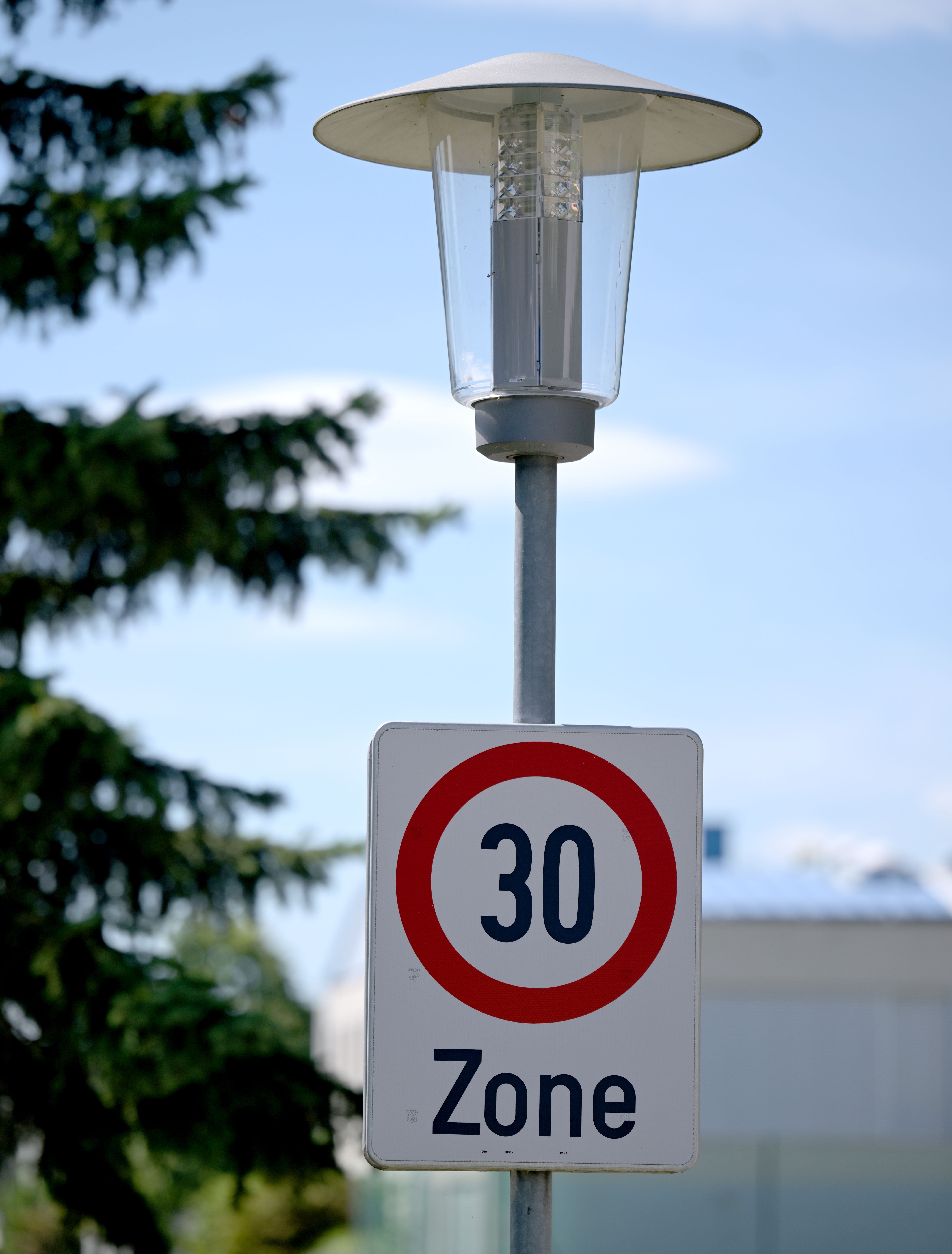 Verkehrsschild "30 Zone" unter einer Straßenlaterne vor blauem Himmel und Bäumen.