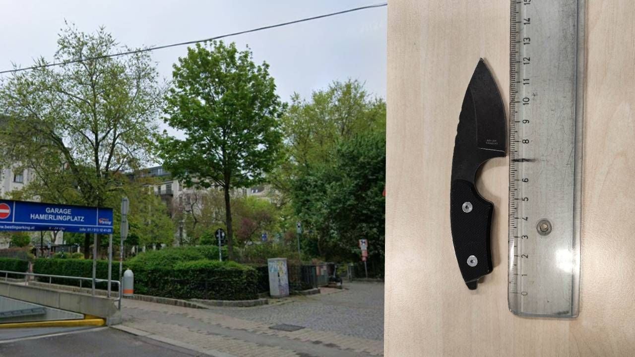 Ein schwarzes Messer liegt neben einem Lineal, davor ein Park am Hamerlingplatz mit Bäumen.