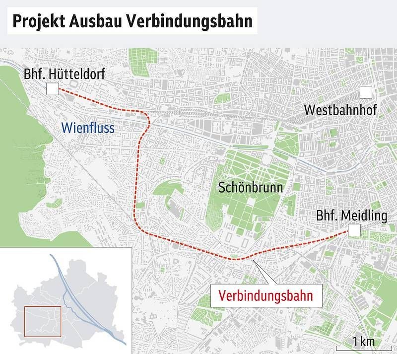 Karte zeigt das Ausbauprojekt der Verbindungsbahn in Wien mit Haltestellen und Verlauf.