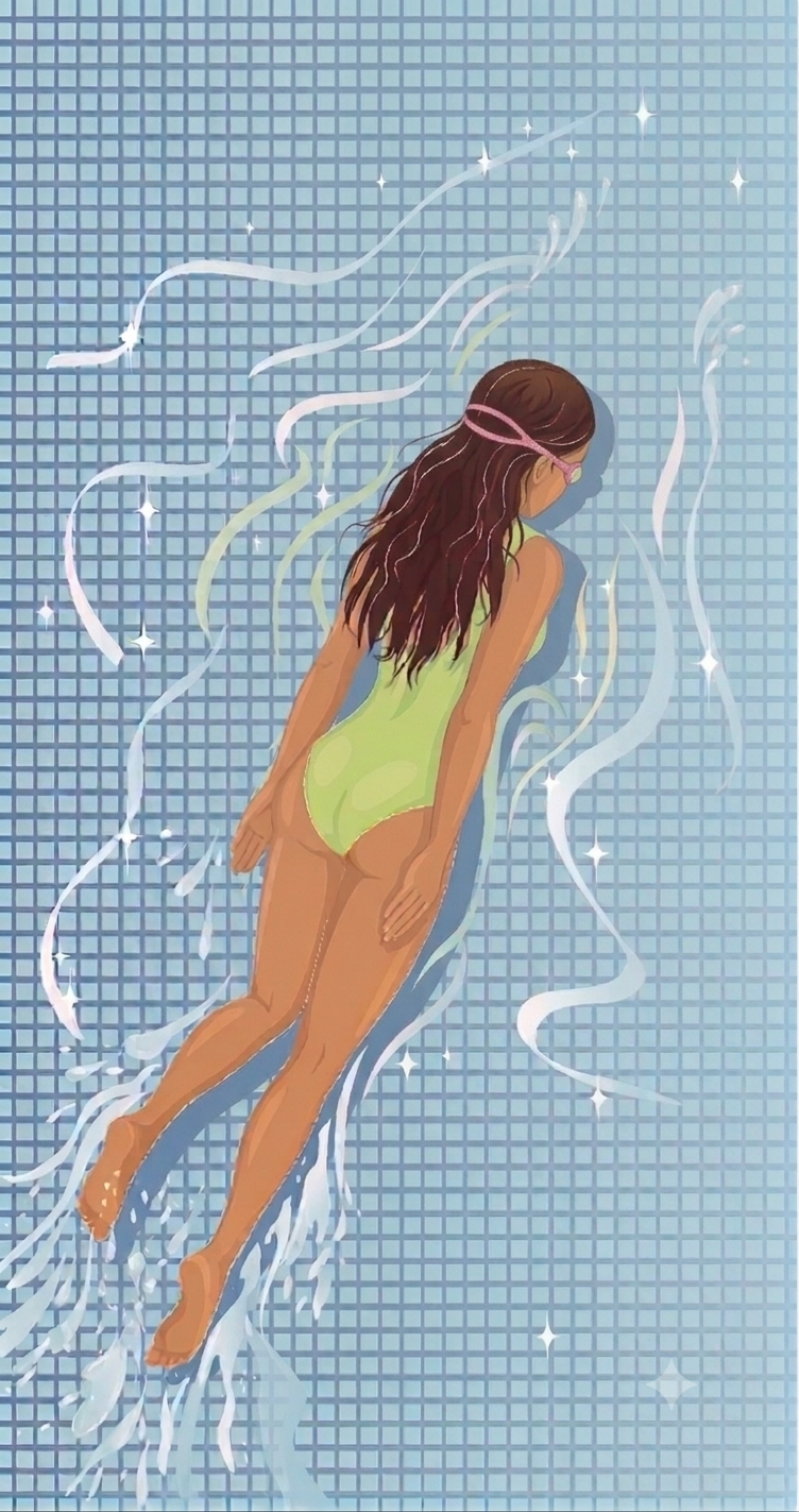 Illustration eines Mädchens im grünen Badeanzug, das im Schwimmbecken auf dem Wasser schwimmt.