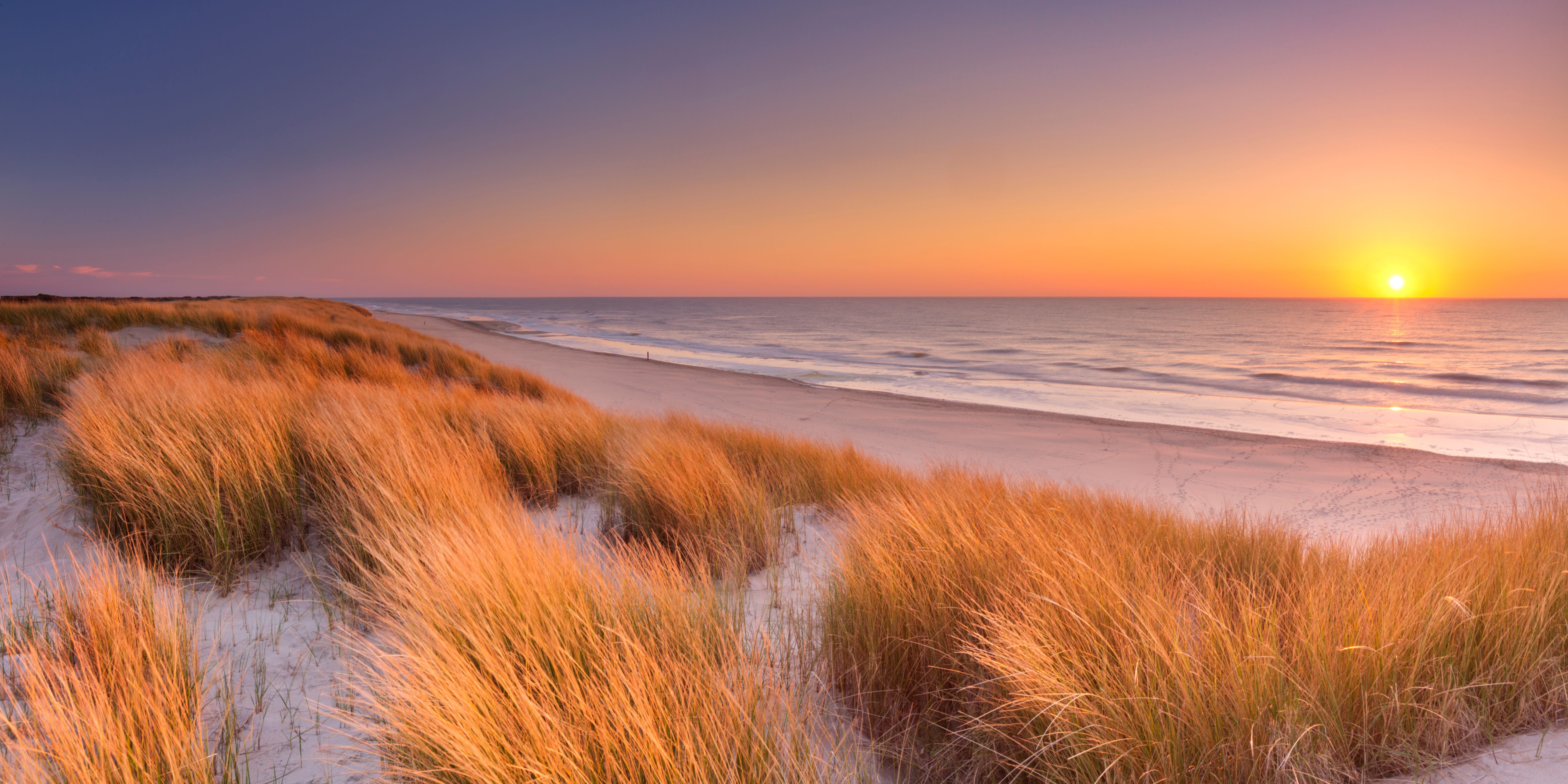 Dünen mit Gras und breitem Sandstrand bei Sonnenuntergang auf der Insel Texel, Niederlande.