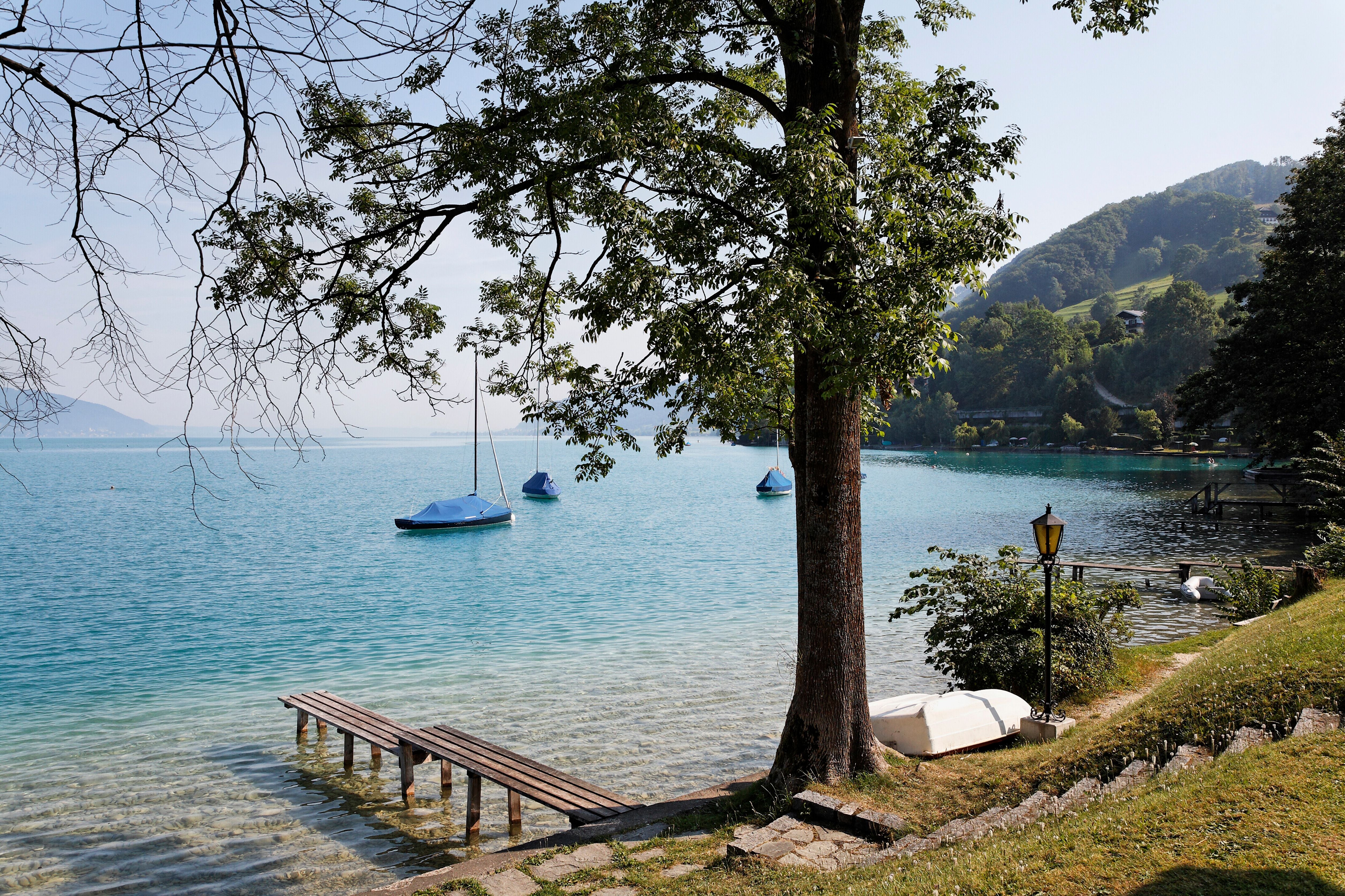Ruhe am Attersee mit Steg, Segelbooten und Bäumen im Salzkammergut, Oberösterreich.
