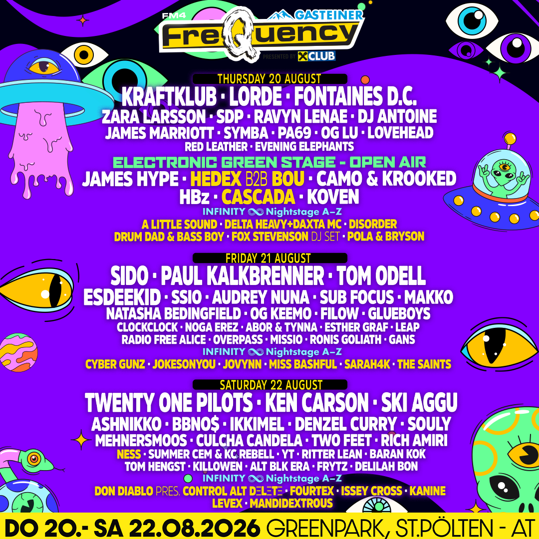 Buntes Frequency Festival-Poster mit Line-up und Datum 20.–22. August 2026 in St. Pölten.