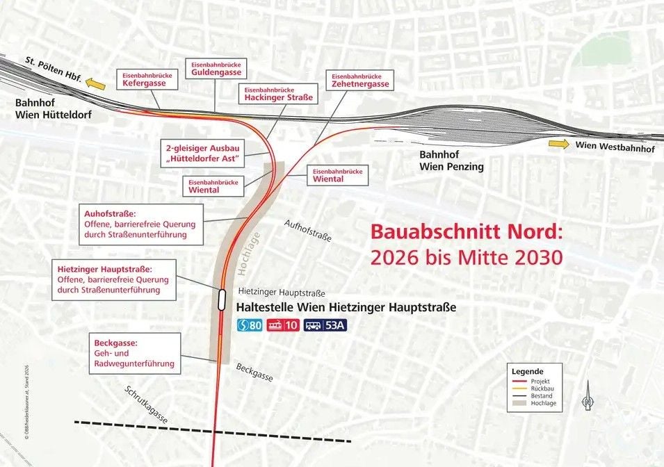 Stadtplan mit Bahnstrecken und Bauabschnitt Nord von 2026 bis Mitte 2030 in Wien hervorgehoben.
