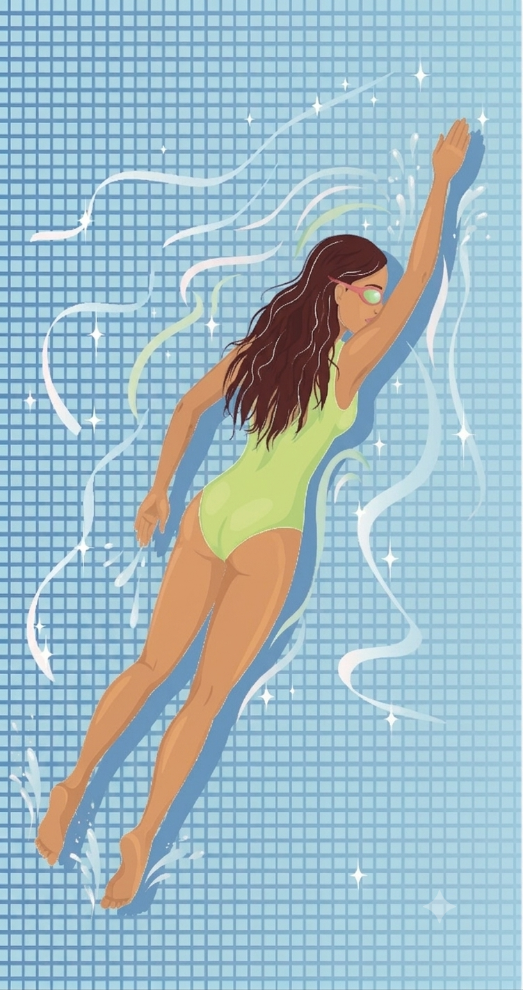 Frau mit langem Haar schwimmt im Schwimmbad, getragen von Wellenbewegungen.