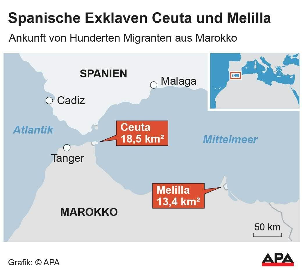 Karte zeigt die spanischen Exklaven Ceuta und Melilla an der marokkanischen Mittelmeerküste.
